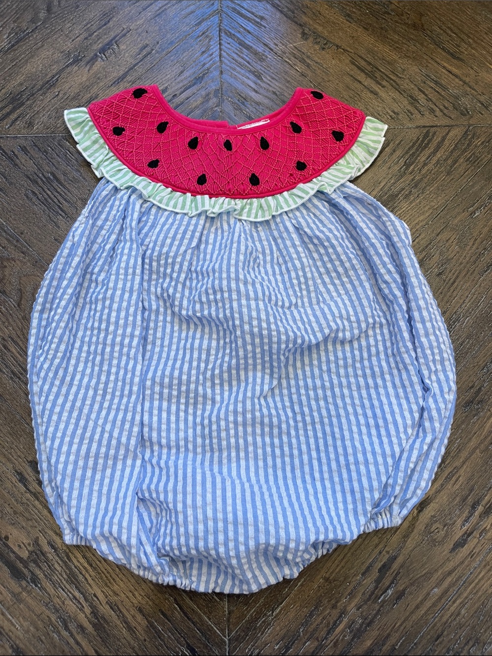 Little Bear Smocks Pink Watermelon Collar Bubble Romper with Blue Stripe